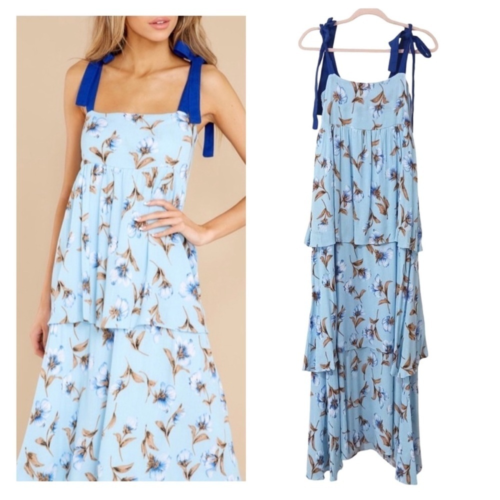 Velzera Blue Floral Maxi Dress Tiered Gauzy Size Small NWT